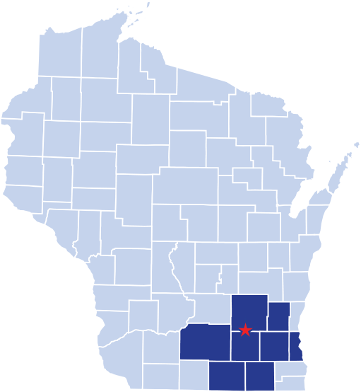 Map of Wisconsin showing Watertown commercial roofing headquarters and service area