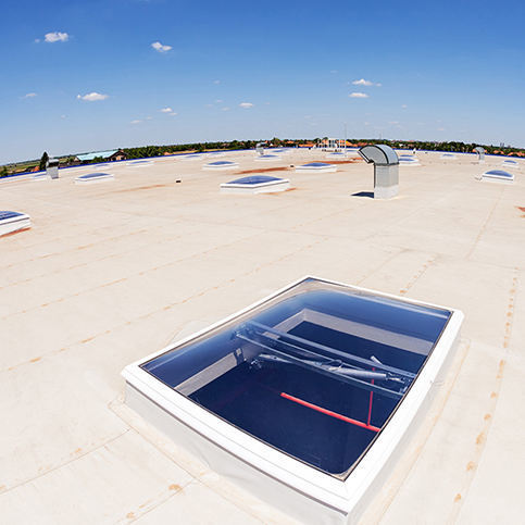 industrial flat roof in Wisconsin with skylights